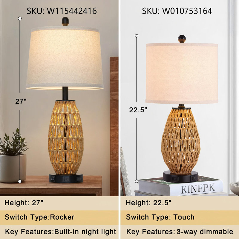 Lampe de chevet compacte en rotin 22,5 "avec USB et tactile, ampoule incluse, Brun