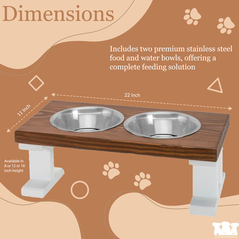 Chestnut and White Elevated Stainless Steel Pet Feeder, 8 Inch