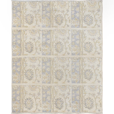 Tapis unique en laine noué à la main Oushak ivoire nouvel âge 5 pi x 6 pi 2 po Peoa