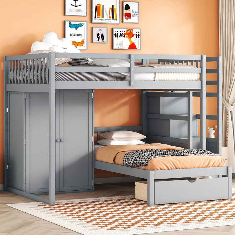Lit superposé gris polyvalent avec tiroirs et garde-robe - parfait pour les solutions de rangement pour les invités de la fratrie. Conception double sur double. Et tiroirs. Peu encombrant. 97,9 po x 80 po x 64,6 po Fabrication en bois massif. Lourd