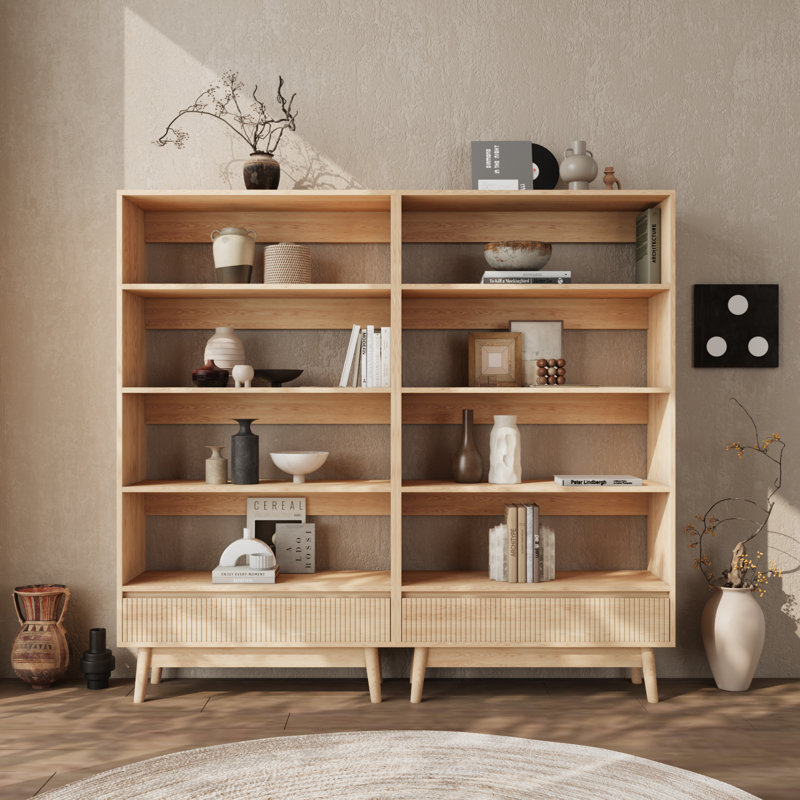 Bibliothèque à 4 niveaux avec tiroir de rangement en bois rainuré (2 pièces), (4 tablettes) H 58,7 po x l 63 po x P 11,8 po