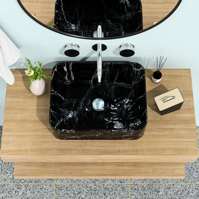Lavabo de salle de bain en céramique 19 po x 15 po Contemporary - Motif de marbre noir et gris inspiré du poli lisse