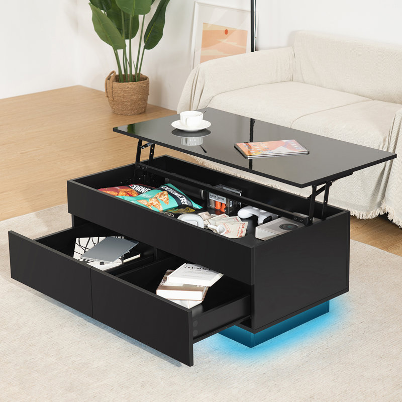 Black Rectangular Wood Lift-Top Coffee Table with Storage and LED Lights