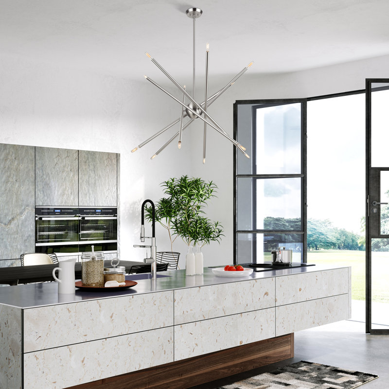 Grand lustre 12 lumières en nickel brossé, Nickel brossé