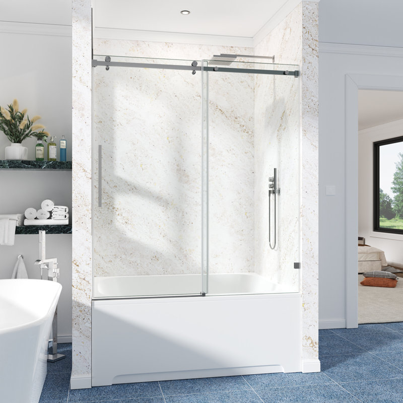 68-73" W X 66" H Frameless Single Sliding Shower Tub Door with 3/8" (10mm) Clear Tempered Glass, Shatter-Resistant Film & Installation Hole Locator - Square Top Rail