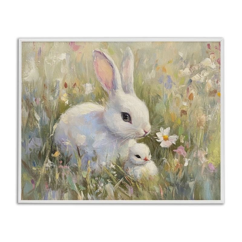 Lapin blanc, Pâques et fleurs, estampe numérique, design par Petal Prints Design, H 24 po x l 30 po