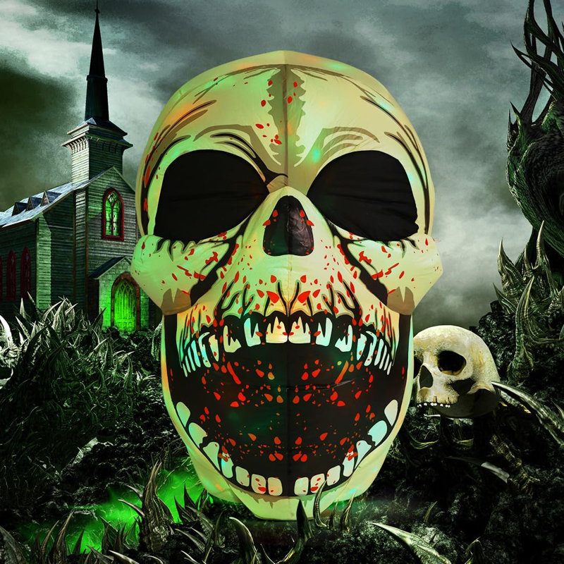 Halloween Inflatable 4 Ft Scary Halloween Inflatables Skull Outdoor Decorations Colorful Dimming Skull With Built-in Magic Leds