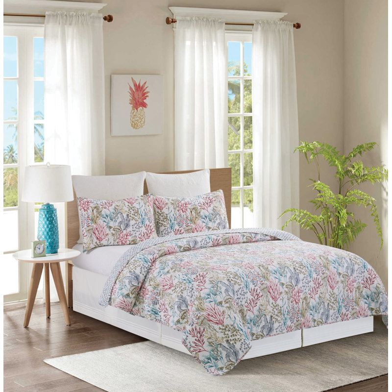 Delphina Blue Cotton Reversible Queen Quilt Set