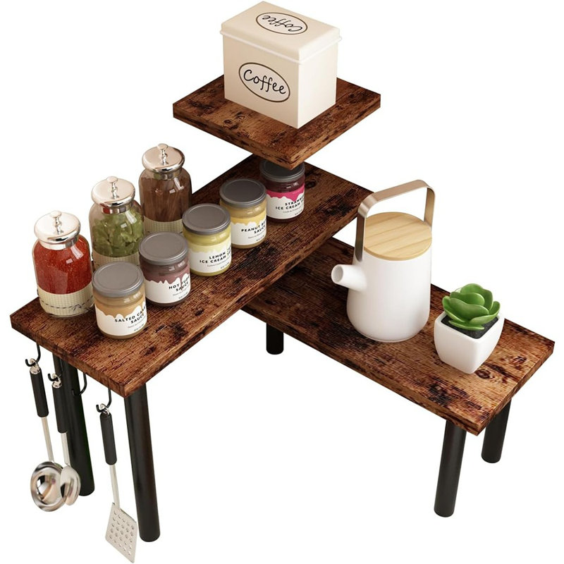 Organisateur de comptoir de cuisine - étagère d'angle à 3 niveaux, organisateur de comptoir de salle de bain, support à épices, bar à café, évier, brun rustique