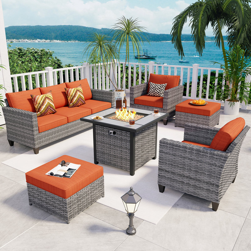 Allcot 5 - Person Wicker/Rattan Patio Furniture Set, Outdoor Fire Pit Sofa Set with Throw Pillows and Comfy Cushions, Orange