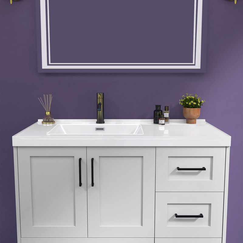Left Offset 42"  Single Bathroom Vanity Top In White Countertop With Solid Surface Sink Basin