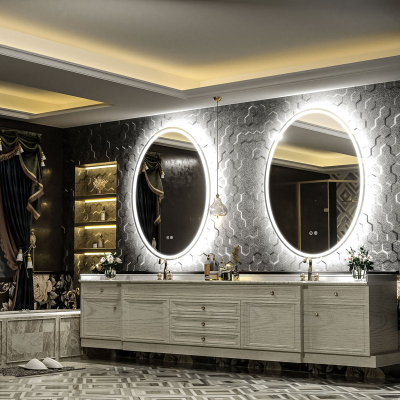 Molly Frameless Front Light and Backlit 3 Colors Dimmable Anti-Fog Oval Wall Bathroom Vanity Mirror, 36" x 28"