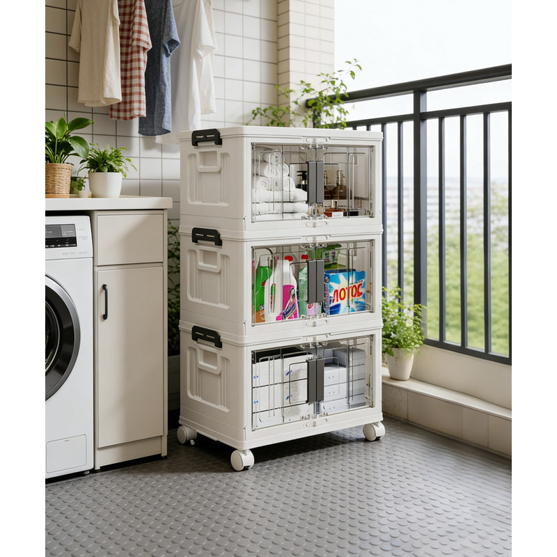 Stackable Storage Bins With Lids, Folding Storage Box With Doors And Wheels, Collapsible Plastic Storage Bins For Closets And Organization Bathroom