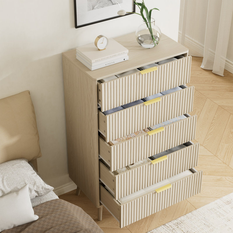 Fluted 5-Drawer Dresser For Bedroom, 28" Modern Chest Of Drawers With Deep Drawers, Curved Profile Design, Wood Drawer Organizer For Living Room, Hallway, Nursery, Hallway Closet