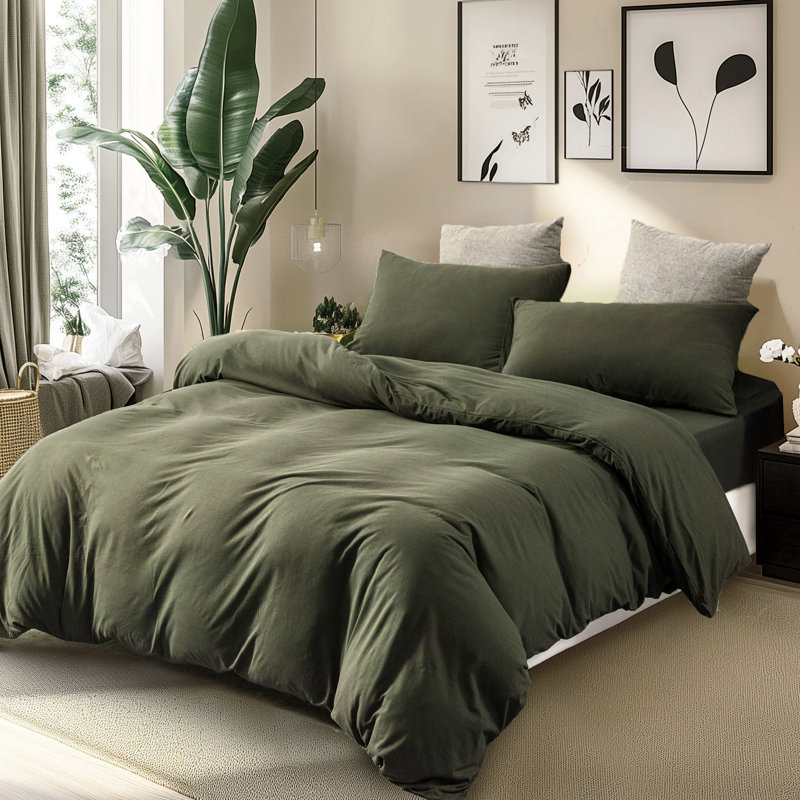 Ensemble de housse de couette en coton jersey, Housse de couette simple + 1 taie décorative stan, Vert olive