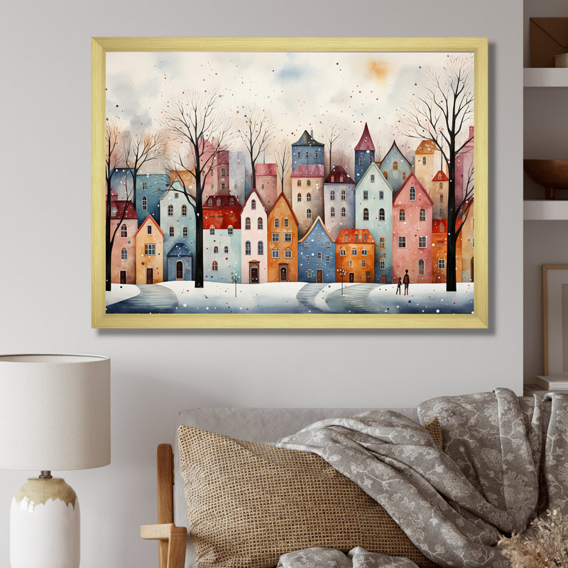 Multicolor Frosty City In Winter III - Art mural paysage d'hiver, Cadre doré à coins fermés, H 12 po x l 20 po x P 1 po