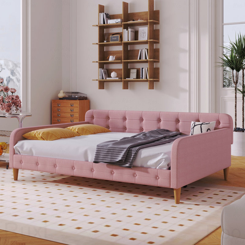 Full Upholstered Daybed Frame, 4 Support Legs, Full/Double, Pink