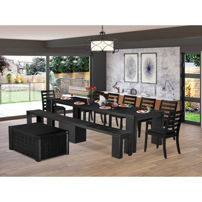 10-pc Modern Dining Table Set a Dining Table with a coffee Table and a wooden Bench and 7 Black Polyester Stackable Chair, Wire Brushed Black