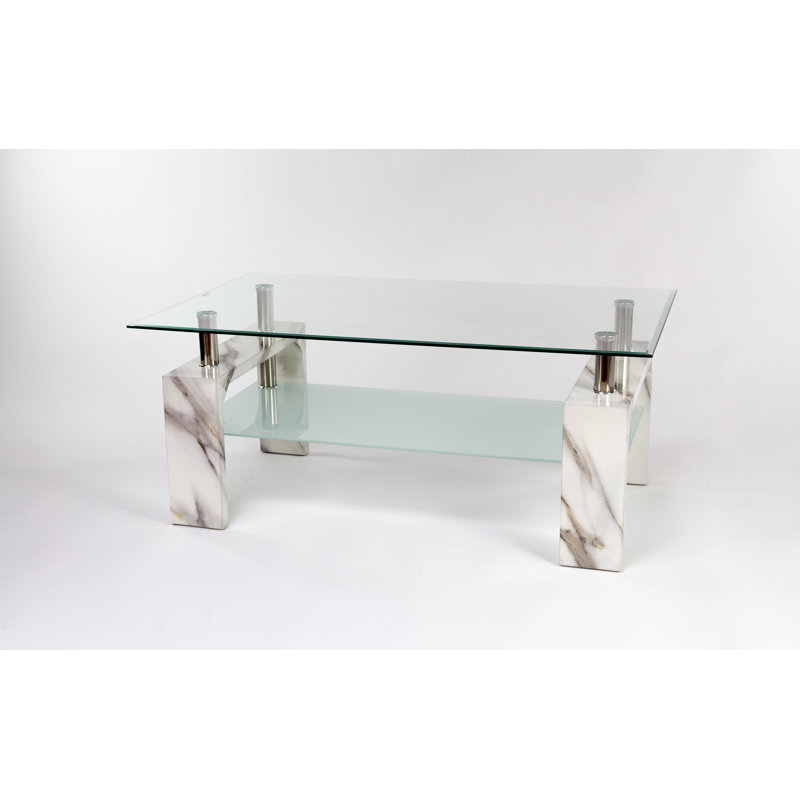 Sharlyn Four Leg Coffee Table, Clear, White marble