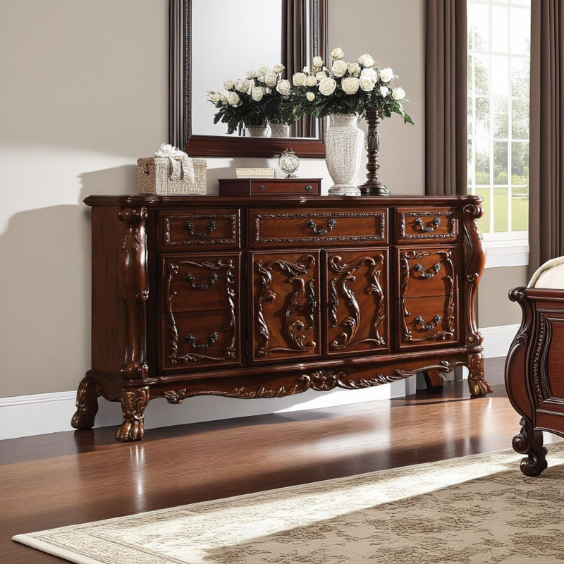  Eliava 66.2'' Solid Wood Wide Dresser, 7 Drawers w Antique Handles, Floral Carvings, Brown