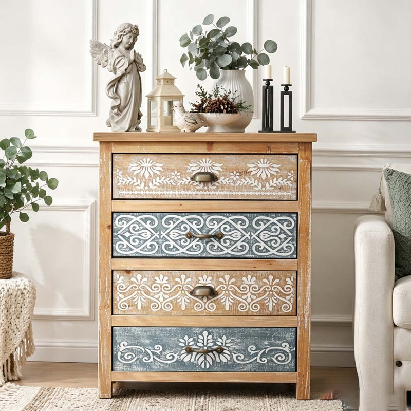 Commode vintage à 4 tiroirs en bois vieilli