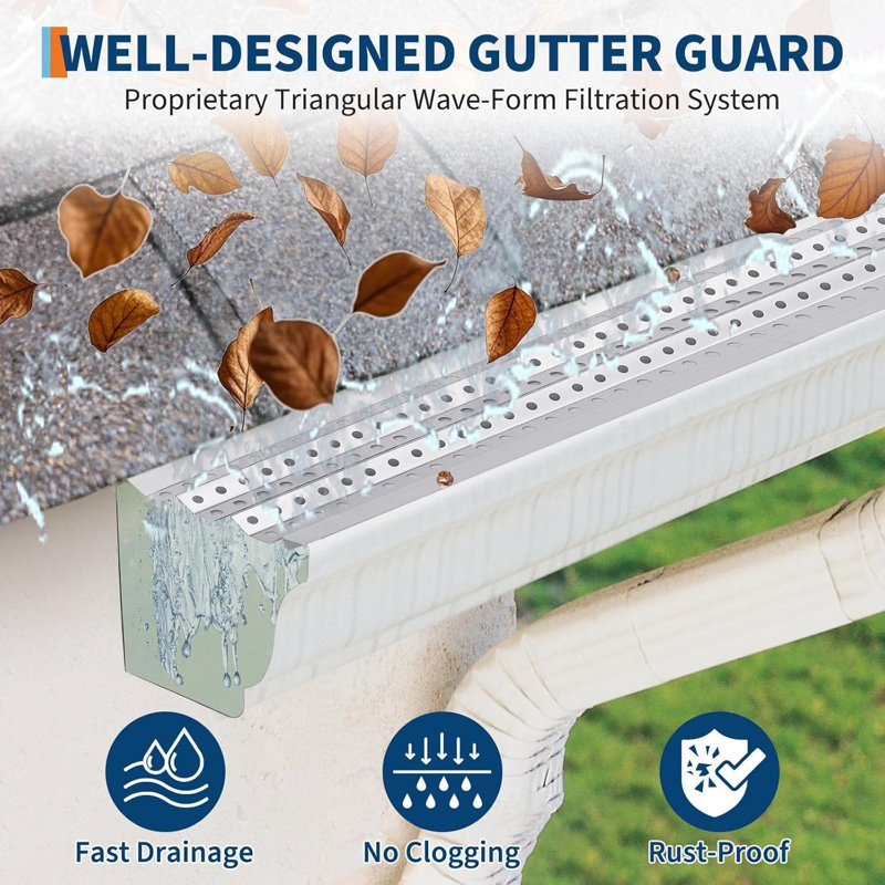 Gouttière, protège-feuilles pour gouttières, 6 po de largeur, 34 PCS de longueur totale de 100 pi, 0,275 po de diamètre de trou et 0,02 po d'épaisseur s'adapte à tout type de toit ou de gouttière, gouttières 6 po