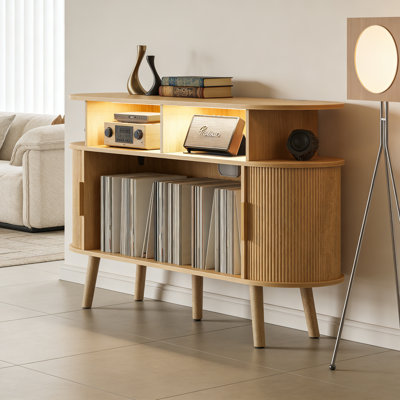 Larger Record Player Stand With Power Outlets And 3-Color Lights, Vinyl Record Stand With 2 Fluted Cabinets And USB-C Port