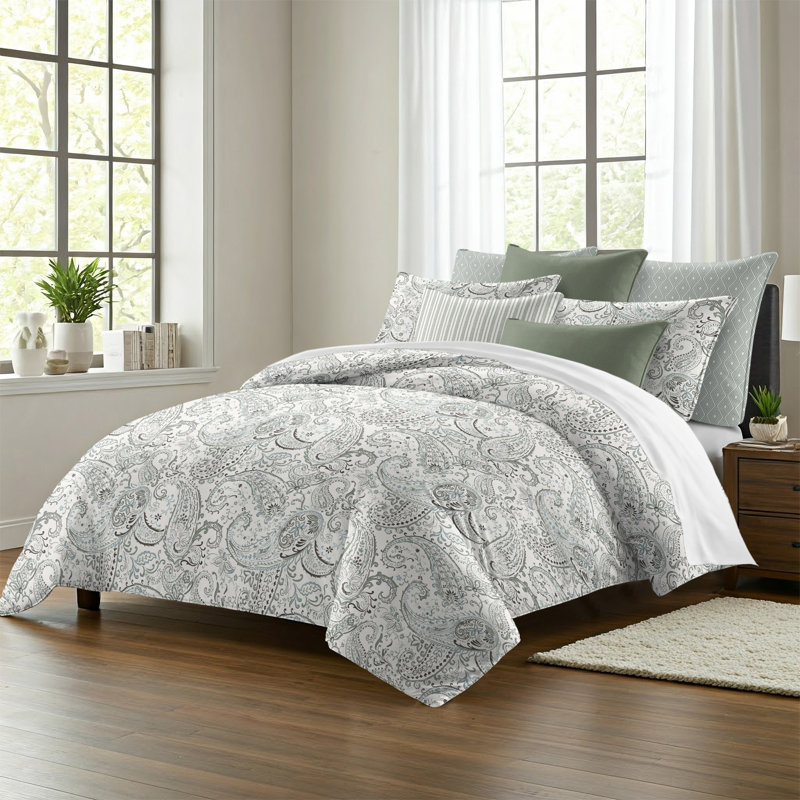 Paisley Seafoam Cotton Duvet Cover Set, California King Duvet Cover + 7 Additional Pieces