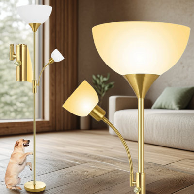 Lampe sur pied à deux têtes avec lampe de lecture réglable, interrupteur à 3 voies et finition bronze rustique pour le salon, la chambre à coucher ou le bureau
