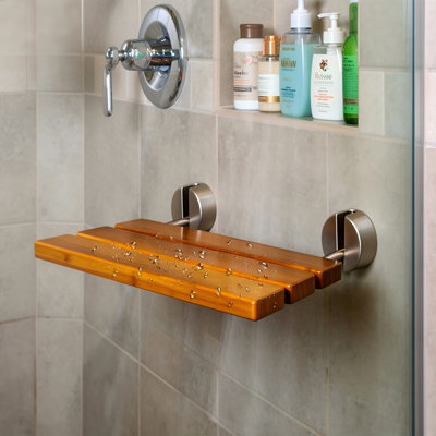 20" Wall-Mounted Teak Shower Bench, Folding Space-Saving Shower Seat With Brushed Nickel Frame