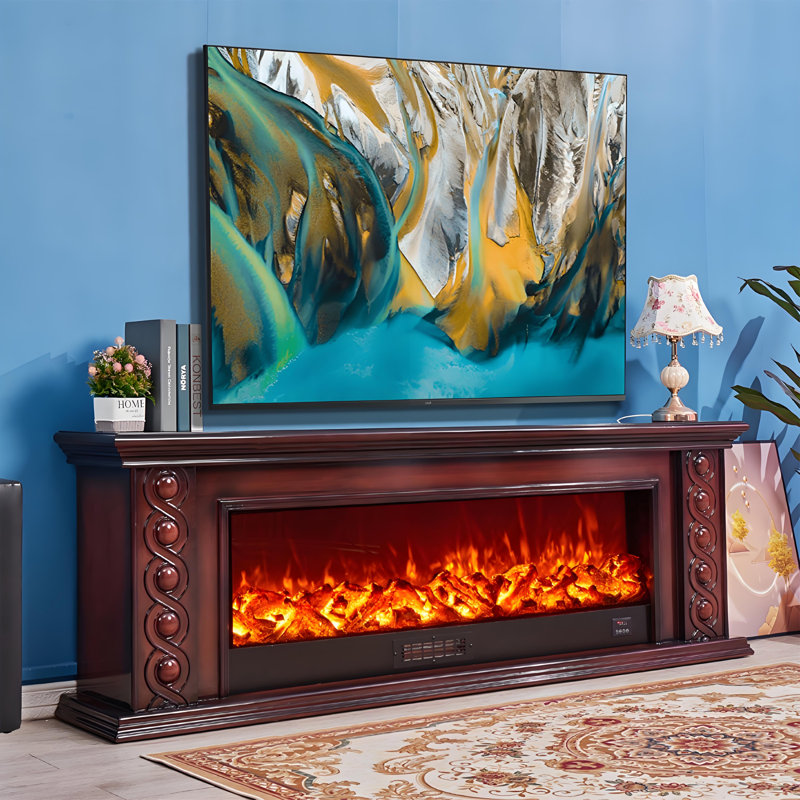 78.74"Brown Solid Wood Simulated Flame TV Cabinet Heating Electric Fireplace, Brown
