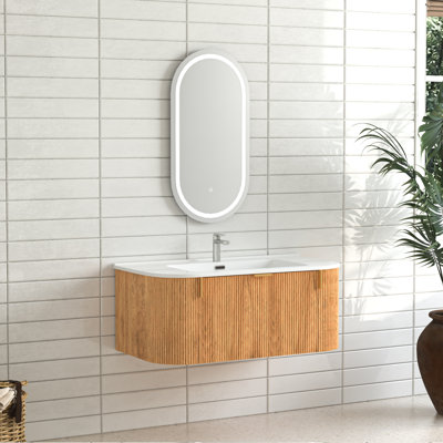Meuble-lavabo de 36 po avec 2 tiroirs latéraux, meuble-lavabo mural en bois massif avec bordures courbes et courbes, lavabo en céramique blanc sans robinet, pré-assemblé, couleur noyer