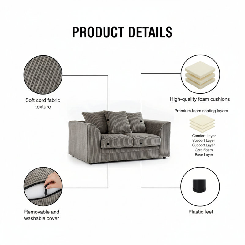 Duvert Two Piece Chenille Sofa Set – Fixed Back Cushions, Non-Slip Seating, Grey