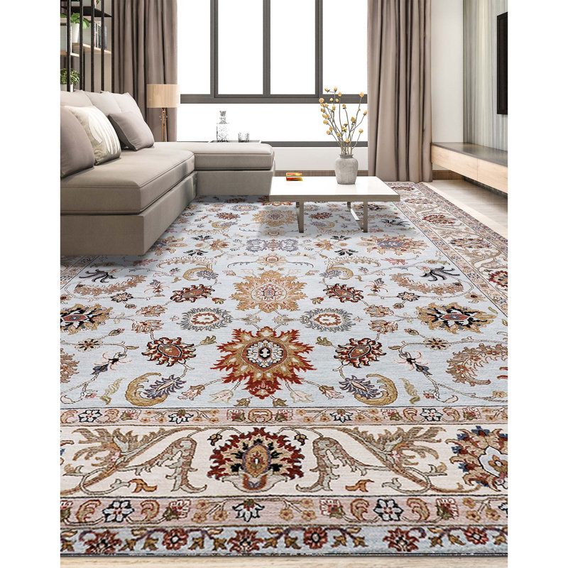 Tapis bleu et ivoire de haute qualité noué à la main, Rectangle de 10 pi x 14 pi