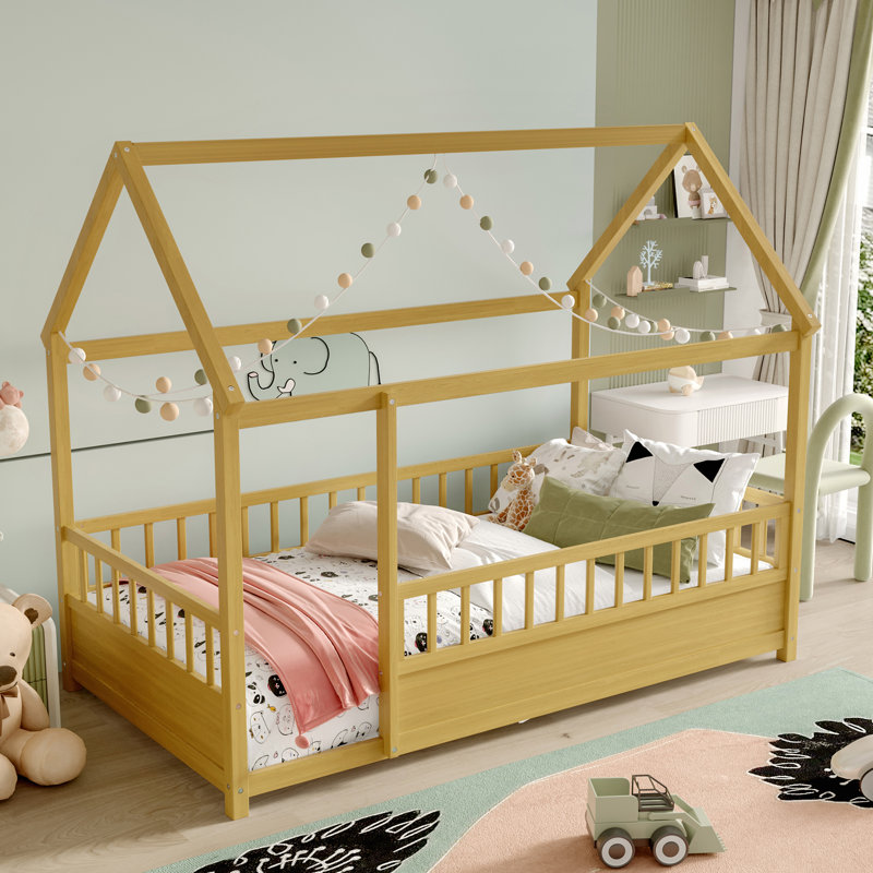 Twin Size Floor Wooden Bed With House Roof Frame,Fence Guardrails,
