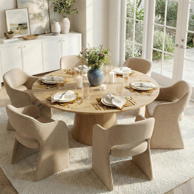 6 - Person Dining Table Sets With Round Table & 6 Upholstered Chenille Chairs