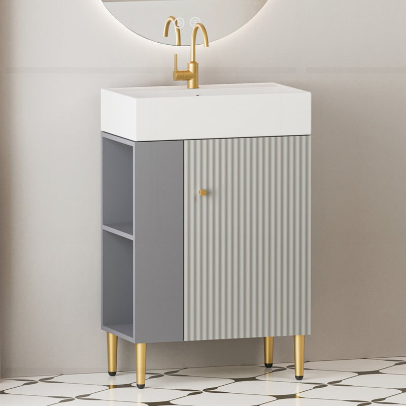 Meuble-lavabo à tablettes ouvertes avec lavabo en céramique et porte à fermeture douce, Gris
