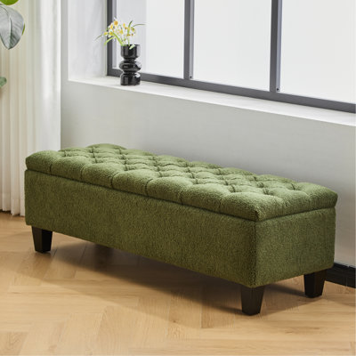 Banc avec rangement Boucle, pieds en bois d'hévéa, support de 300 lb, charnières douces pour un accès facile, conception capitonnée à boutons, différentes pièces convenables, housse et rangement de 50,63 po x l 17,39 po de hauteur.