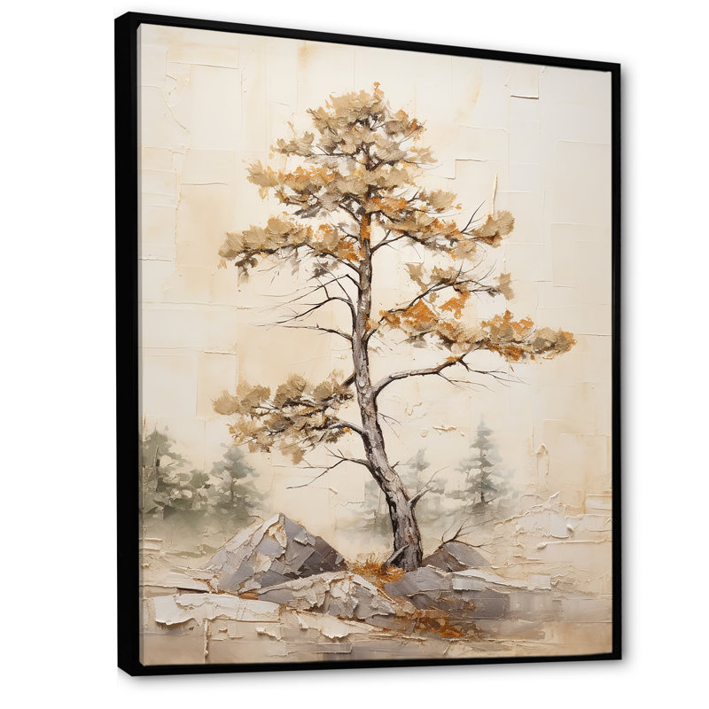 " Beige Tree Pine Tranquillity I ", Black Floater Framed, 32" H x 16" W x 1" D