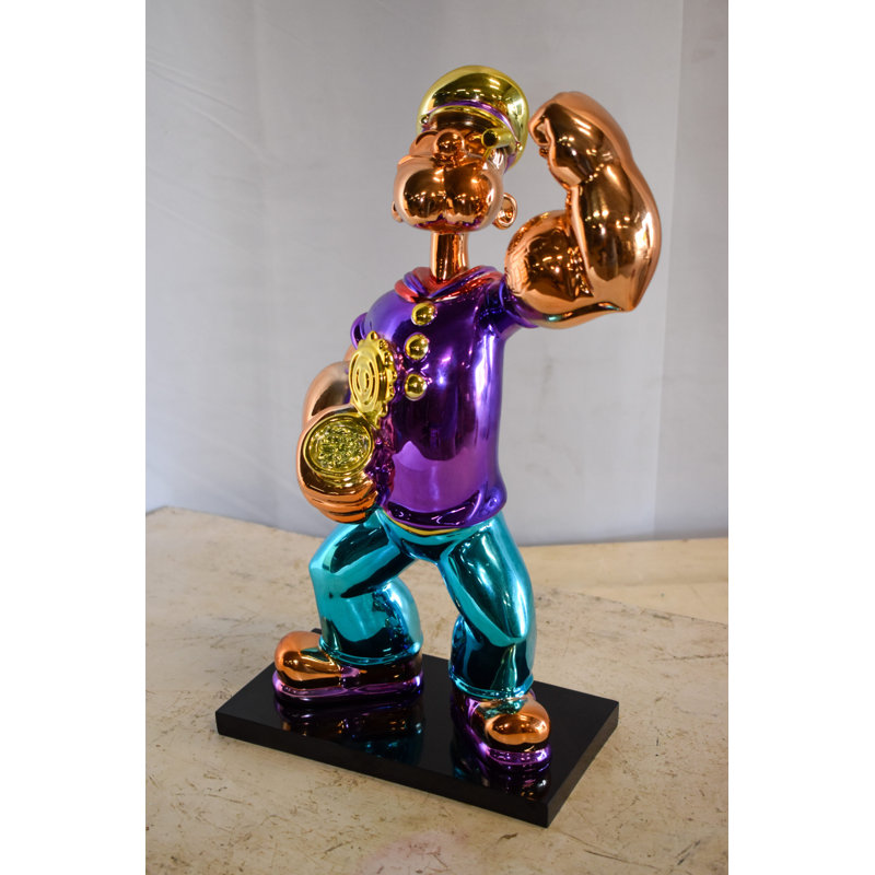 Statue Alteye en chrome sur fond noir de 9 po x 8 po x H 16 po Popeye, Mauve / bleu