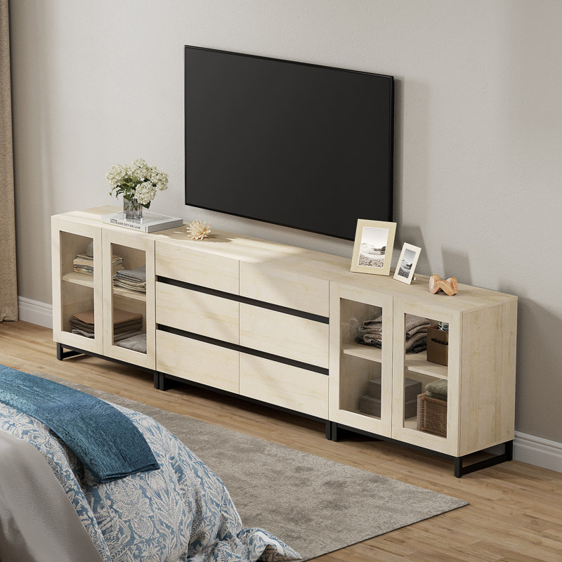 3 In 1 TV Stand For Tvs Up To 120 Inches, Modern TV Console With Glass Doors And 6 Drawers, Entertainment Center With Adjustable Shelf For Living Room, Bedroom