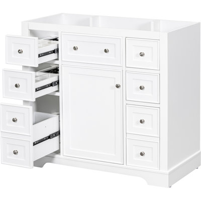 Meuble-lavabo de salle de bain blanc 36 po, 1 armoire et 6 tiroirs, en bois massif et fini moderne peint avec base à assembler blanche. Tiroirs. Style moderne. Finition durable. Autoportante.