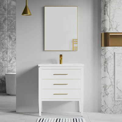 Meuble-lavabo simple 30 po avec plateau en céramique blanche Wonderlin - Tiroirs à fermeture en douceur et conception autoportante