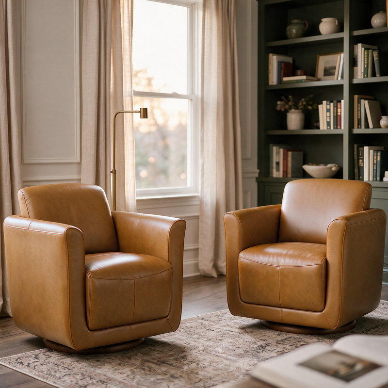 33" Wide Genuine Leather 360°Swivel Barrel Chair With Solid Wood Frame, No Assembly Required (Set of 2), Light Brown