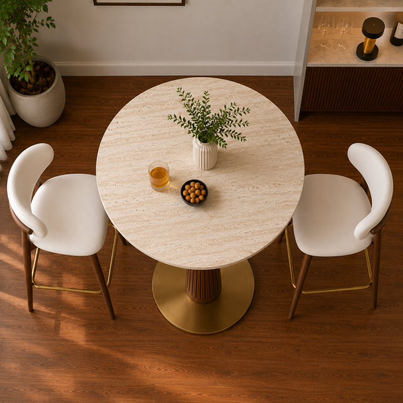 Table bistro 33,5 po à hauteur de comptoir ronde (table de salle à manger) avec plateau en pierre frittée, disponible dans une variété de couleurs, base en bois d'hévéa massif et fond en métal doré, table de bistro moderne