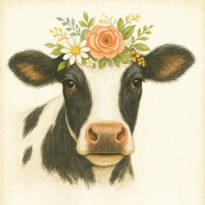 Portrait floral de vache couronne - Toile tendue, H 12 po x l 12 po