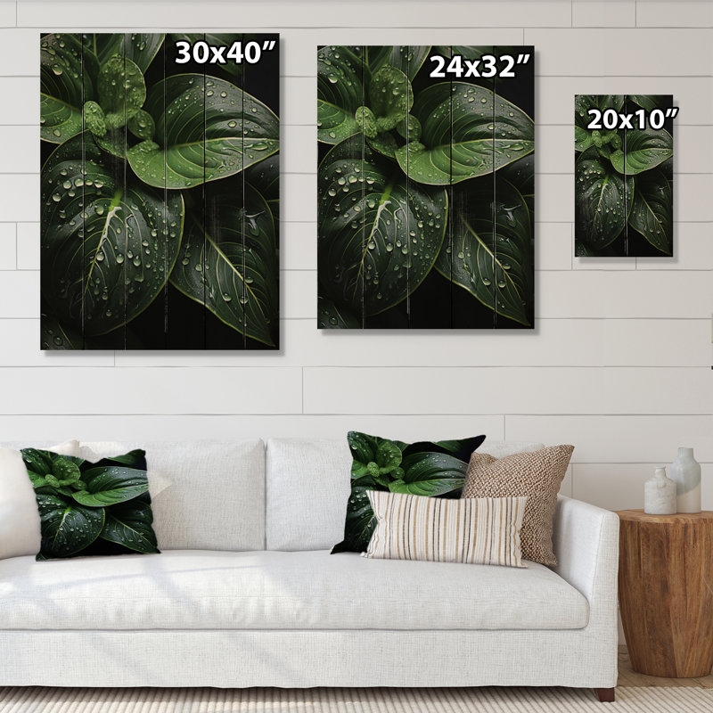 Goutte de pluie sur feuilles vertes sur bois, H 20 po x l 10 po x P 0,78 po