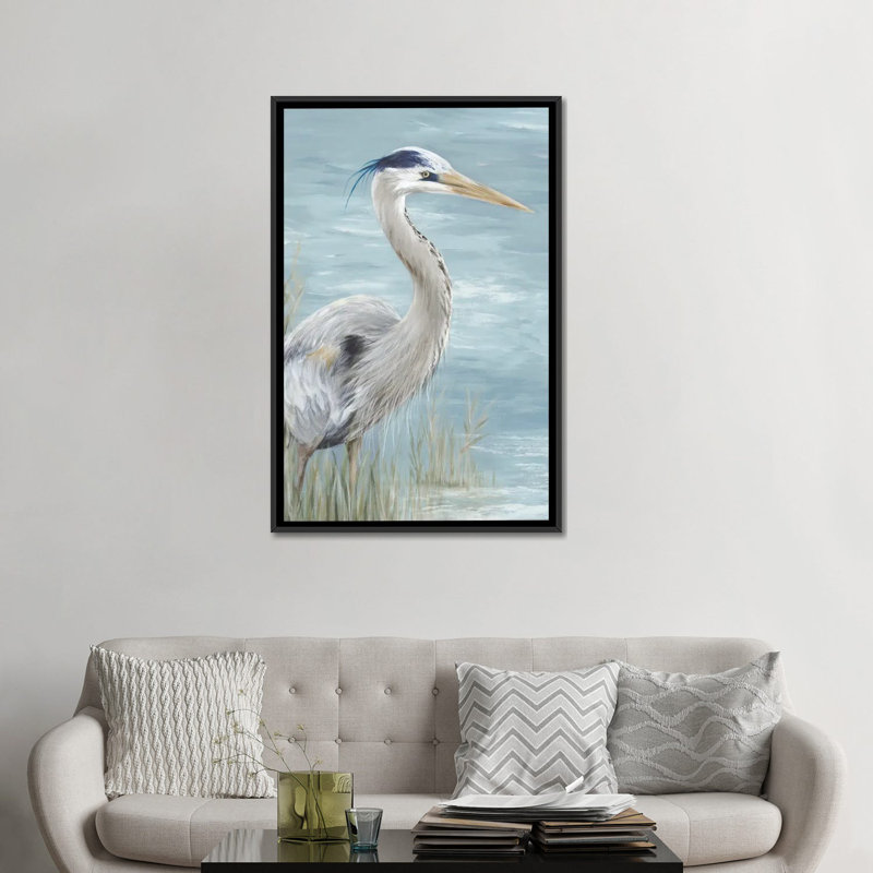 «Great Blue Heron Gaze» par Eva Watts - impression d'art graphique, H 48 po x l 32 po x P 1,5 po, Toile avec cadre noir
