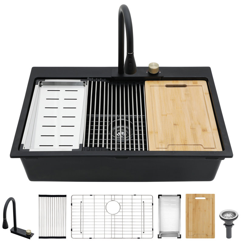 Drop In Kitchen Sink 33X22" Black Quartz, Workstation Concept & Pull-Out Faucet, Waterfall Blaze Quartz Composite 33X22", Single Bowl With Faucet Versatile