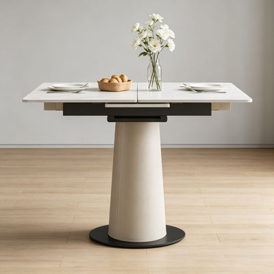 Retractable Rock Slab Folding Dining Table, Modern Square Expandable Table with Leather-Wrapped Stainless Steel Base, Dual-Purpose Space Saving Kitchen Table for Small Apartments